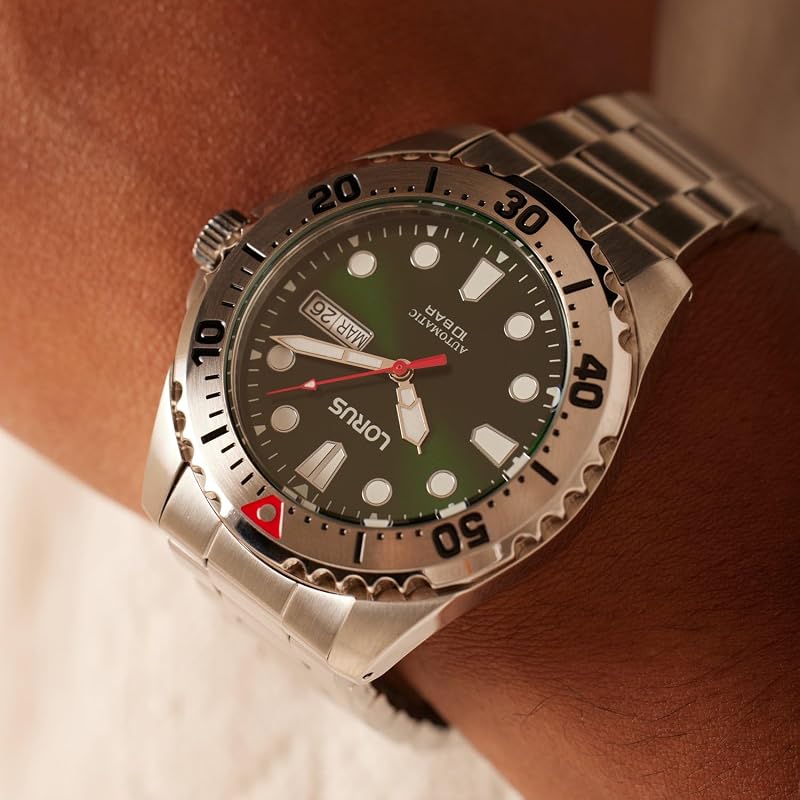 Orologio automatico analogico da uomo con bracciale in acciaio inossidabile, Argento/Verde - RL475BX9