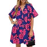 Wenrine Women's Summer Button Down Shirt Dress Floral Puff Short Sleeve Casual Loose Fit Beach Mini Dresses