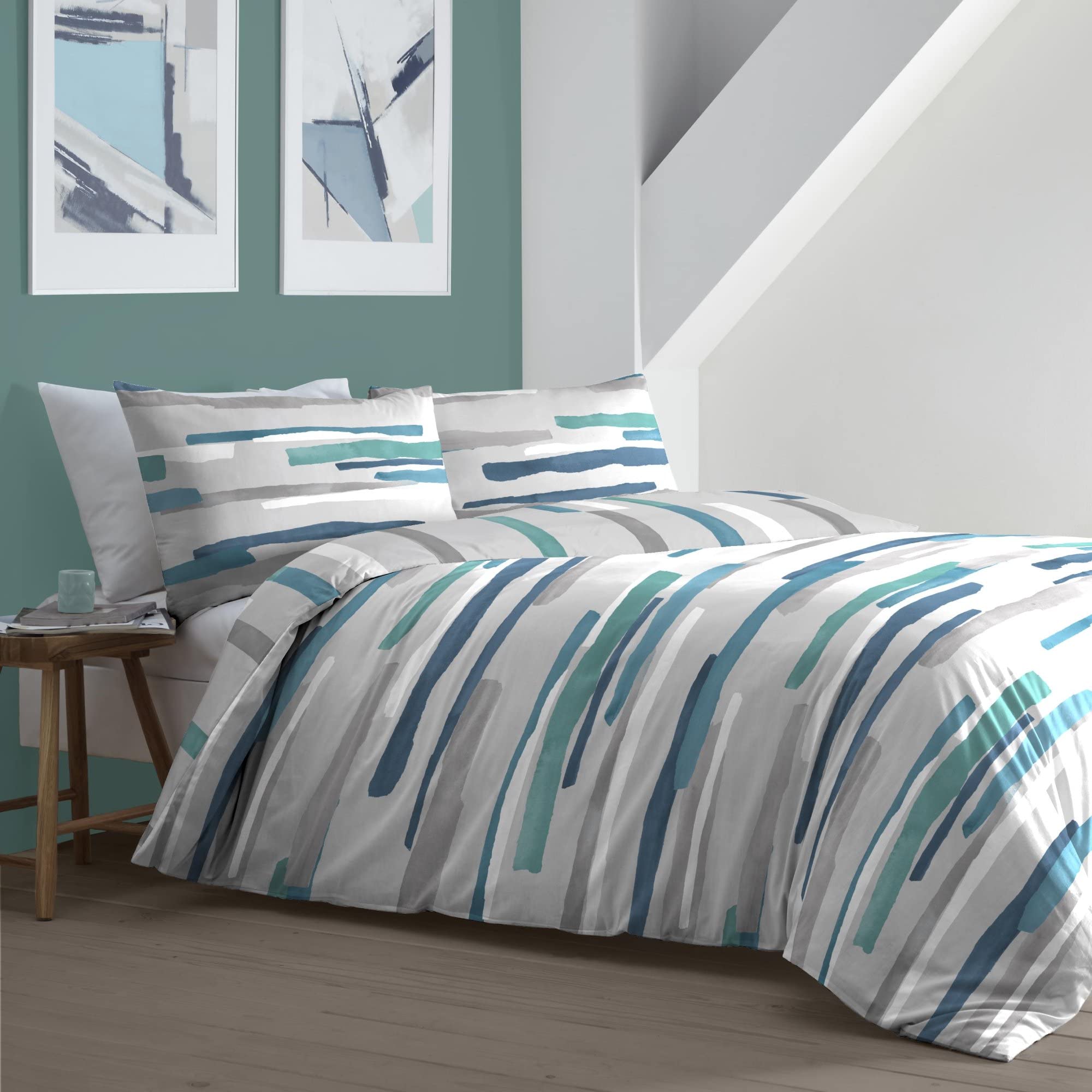 Fusion - Blue Nautical Stripe Duvet Cover - Single Bedding Size - Clifton Collection - Contemporary Blue Duvet Cover - Grey/Teal Blue Bed Set - Teal Bedding with Stripe