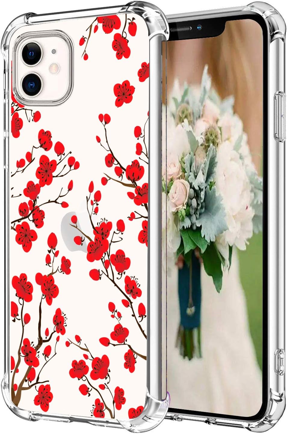 Hepix Floral Clear iPhone 11 Case Red Plum Flowers 11 iPhone Cases for Girls, Slim Flexible Crystal TPU Phone Cover with 4 Protective Bumpers Anti-Scratch Shock Absorption for iPhone 11 (6.1") 2019