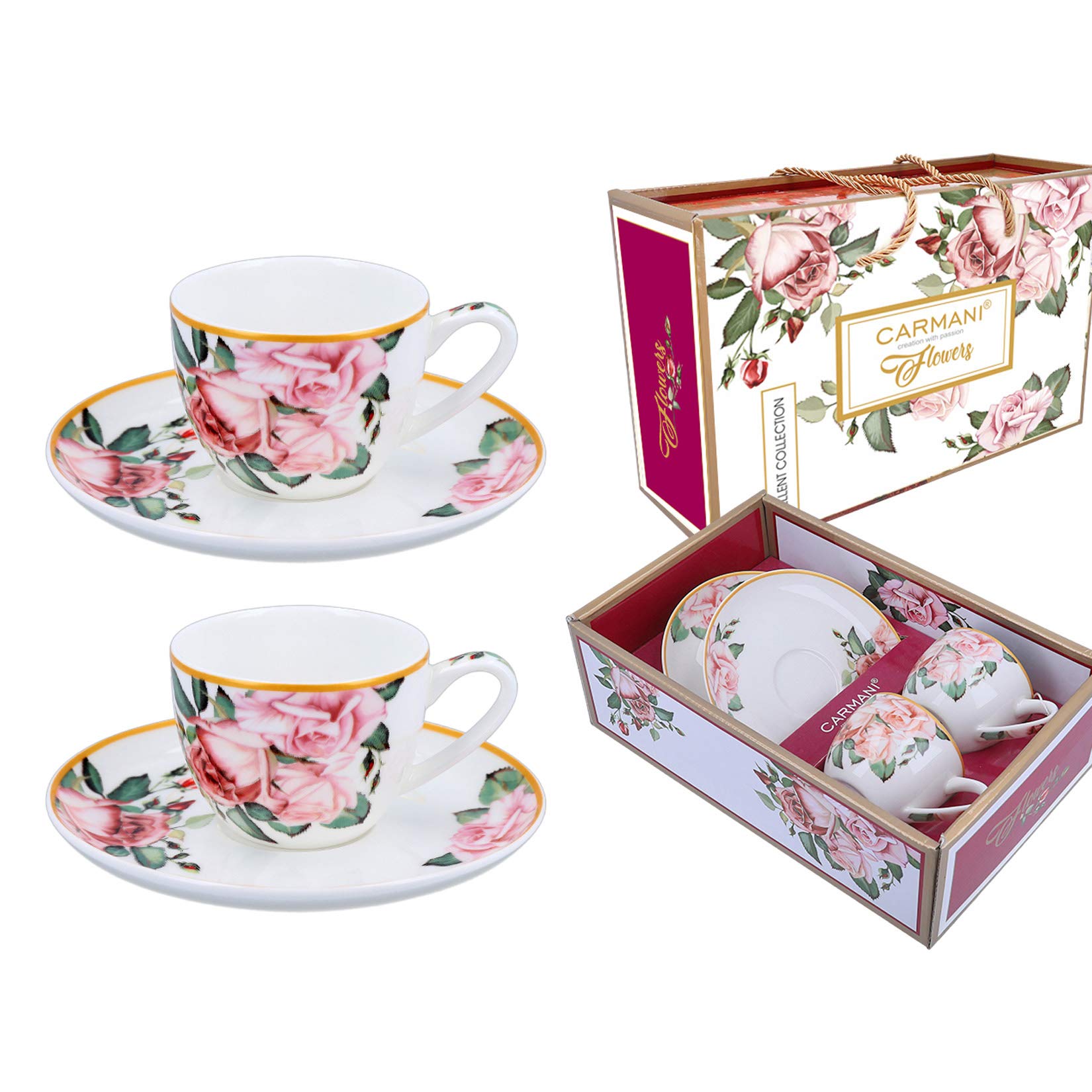 CARMANI - Flowers Collection Espresso Cup and Saucer Set of 2 with 'Roses' 100 ml