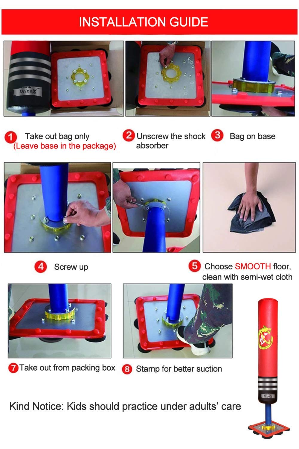 Dripex Sac de Frappe sur Pied Enfant (314 ans) Boxe Rouge Sac De Kick Boxing LIBRE en Cuir ABS