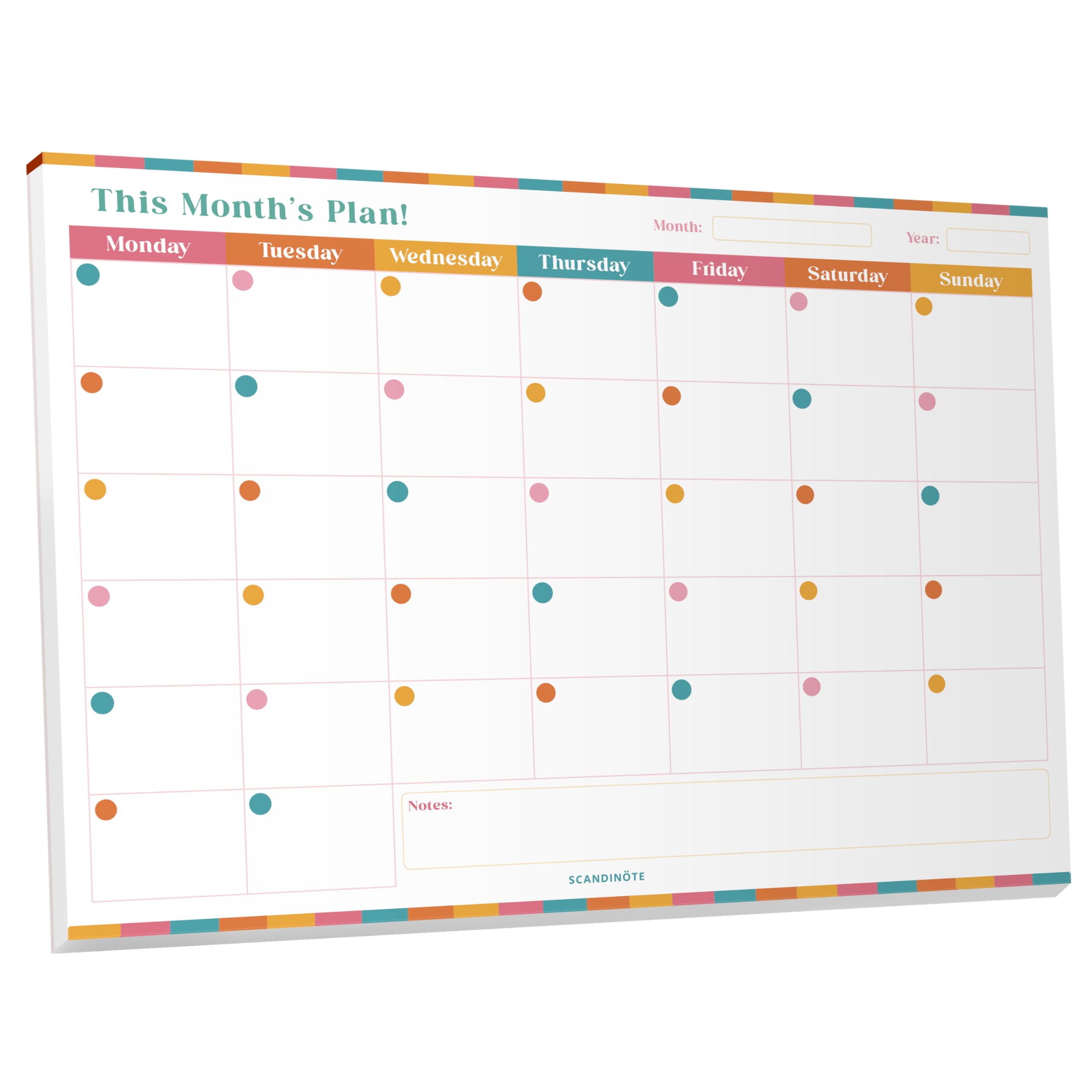 Scandinote A4 Monthly Planner Pad – 52 Sheets, Undated Reusable Monthly Layouts (4+ Years), Desk Organiser, To Do List & Goal Planner, 100gsm Recycled Paper, UK Made