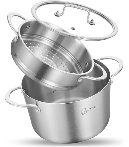 LOLYKITCH 5 QT Tri-Ply Stainless Steel Stock Pot With Steamer - Induction Compatible, Oven & Dishwasher Safe