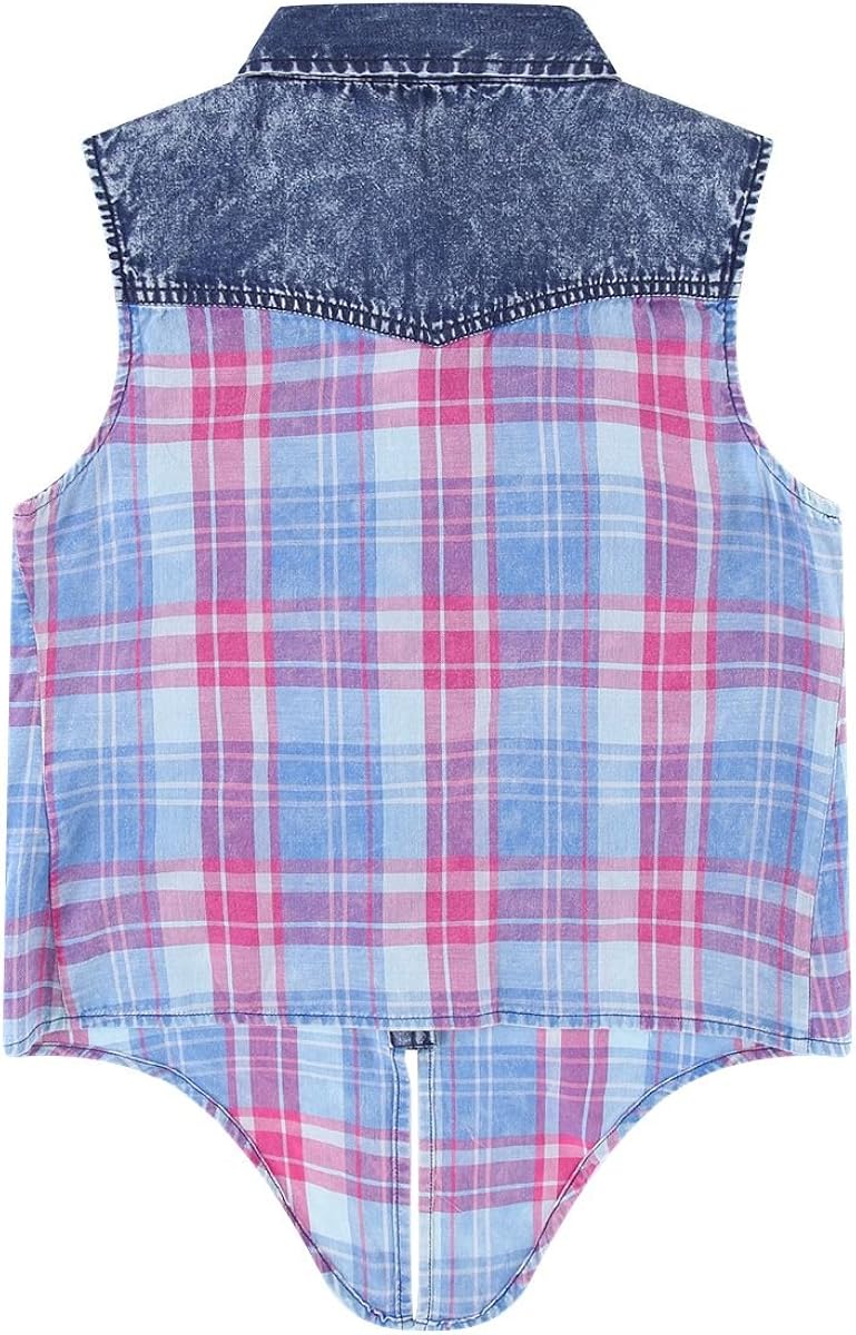 Bienzoe Girl’s Cotton Plaid Denim Sleeveless Tied Casual Blouse: Clothing