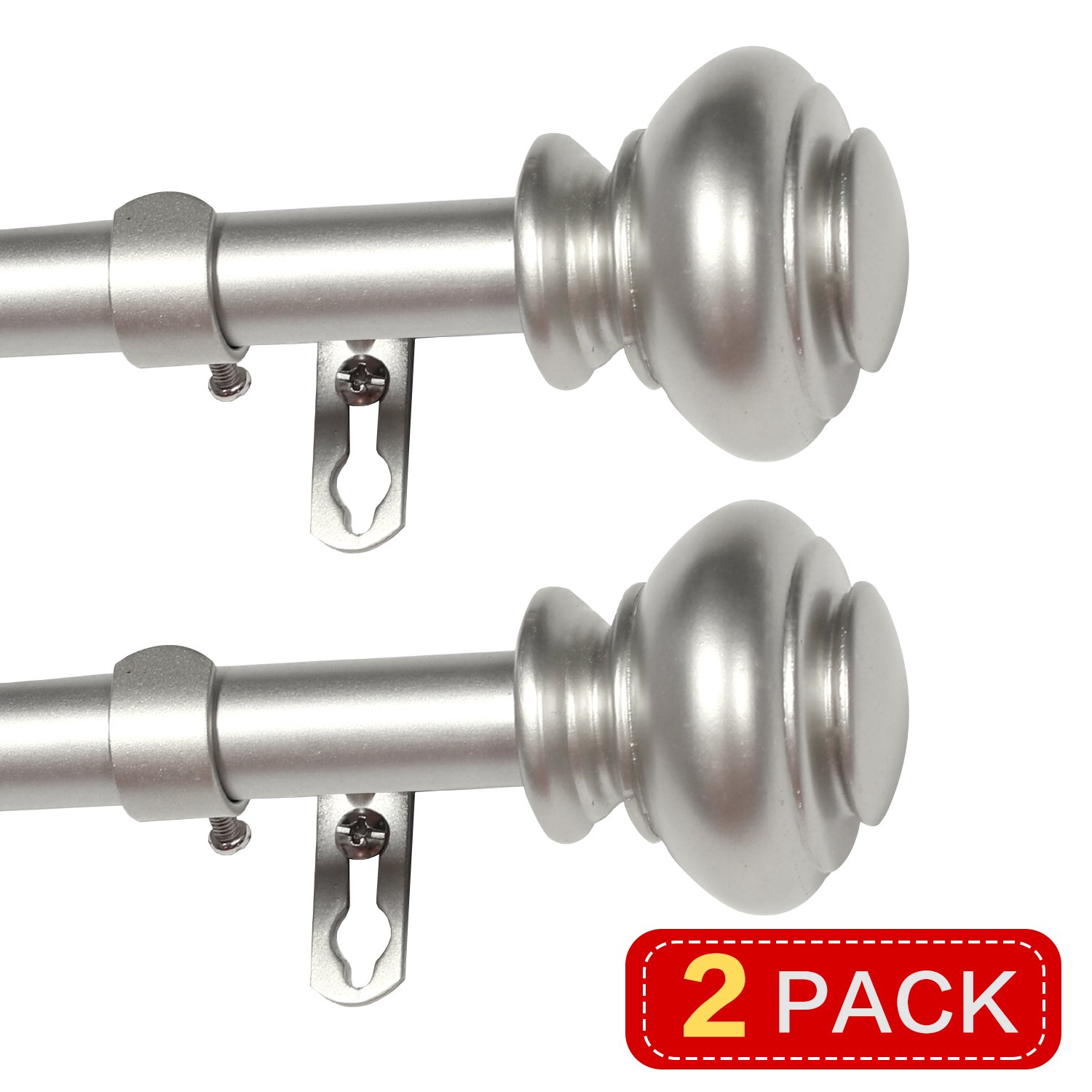 Turquoize 3/4-Inch Single Window Curtain Rod Nickel for Windows 48 to 84 with Decrative Urn Finail Window Treatment Drapery Rods Set Length Adjustable Nickel Curtain Rod (Nickel, 2 Pack)