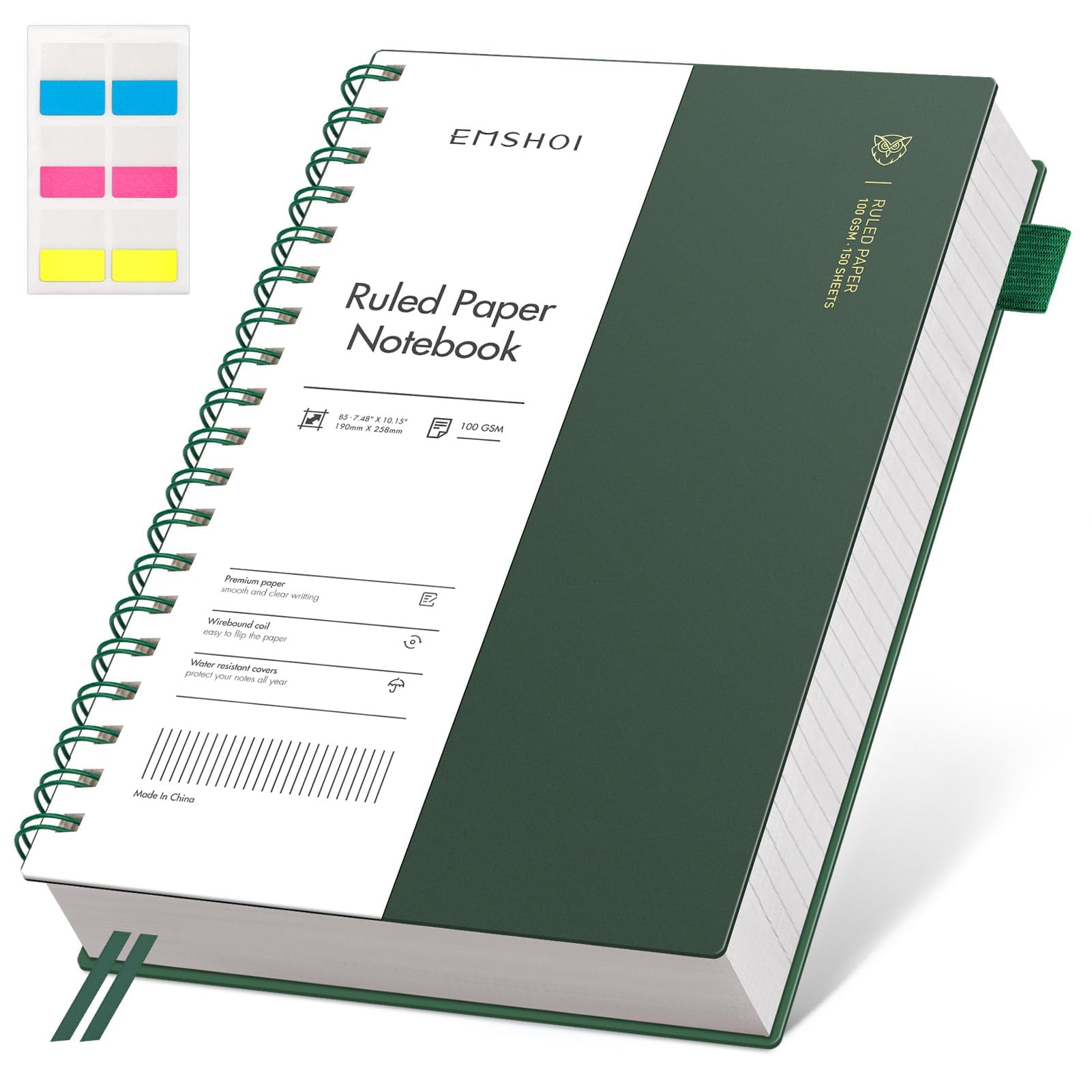 EMSHOI B5 Notebook College Ruled, Spiral Notepad 150 Sheets/300 Pages, 100gsm, PVC Cover, Sticky Notes, Pocket, Pen Loop, Ruler, Bookmark, Lined Journal for Women Men Writing, 19 x 25.8cm, Green