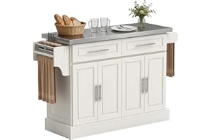 HOMCOM Kitchen Island with Storage, Rolling Kitchen Cart on Wheels with Stainless Steel Top, 2 Drawers, 2 Cabinets, Spice Rac