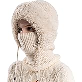 3 in 1 Beanie Hat for Women,Hat with Scarf and Mask,Windproof Balaclava Winter Beanie Fleece Lined Ski Knit Hats Caps