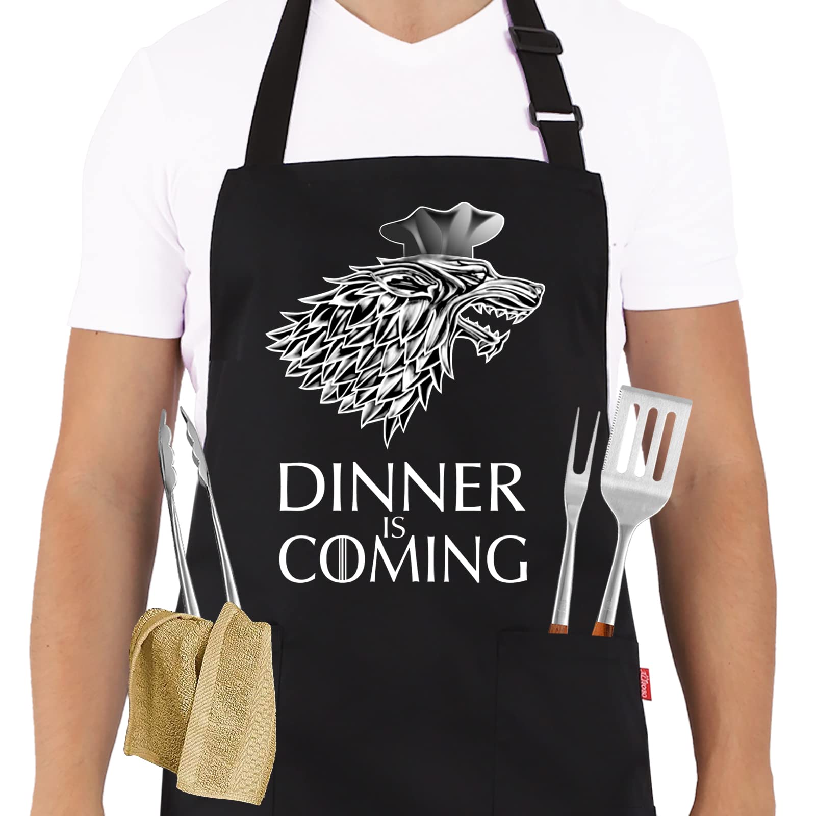 ALIPOBO Grill Aprons for Men Women, Dinner is Coming Game of Thrones Kitchen Chef Apron with 2 Pockets and 40" Long Ties, Adjustable Bib Apron for Cooking, BBQ, Baking, Gardening, Black