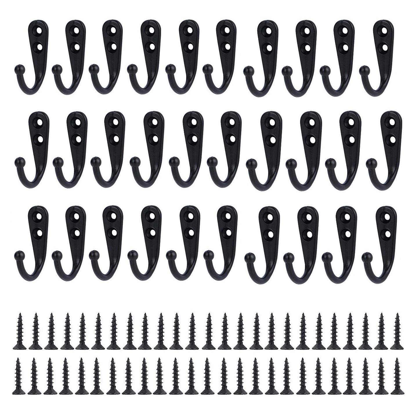 JZK 30 x Black Metal Wall Mounted Hooks with Screws, Coat Hooks, Single Hanger Hooks for Hanging Clothes, Mugs, Utensils, Tools, Towels