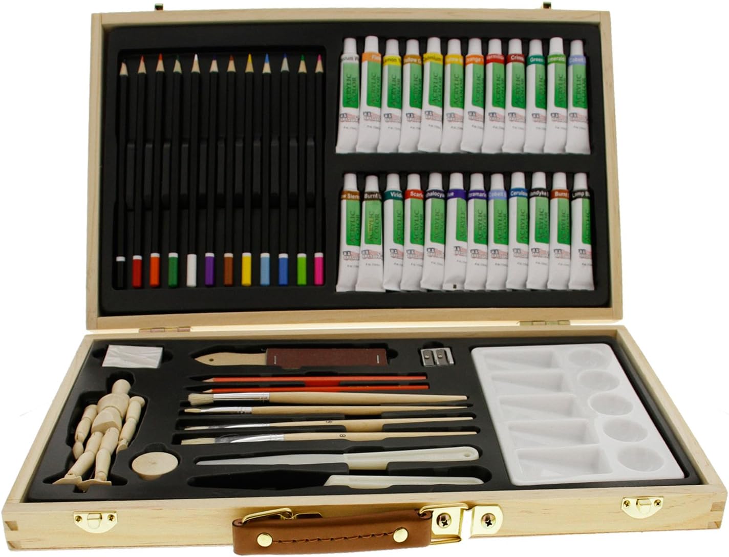 U.S. Art Supply 50-Piece Acrylic Painting Set with, Wood Storage Case, 24 Acrylic Colors, Colored Pencils, Graphite Pencils, Brushes, 5.5" Manikin & Everything to Get You Started