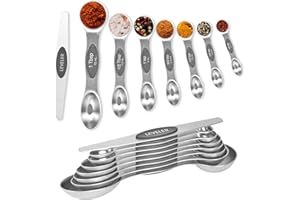 E-SHIDAI Measuring Spoons, Magnetic Measuring Spoons Set of 8 Stainless Steel Dual Sided Teaspoon and Tablespoon Stackable with Leveler Fits in Different Spice Jars for Dry and Liquid Ingredients