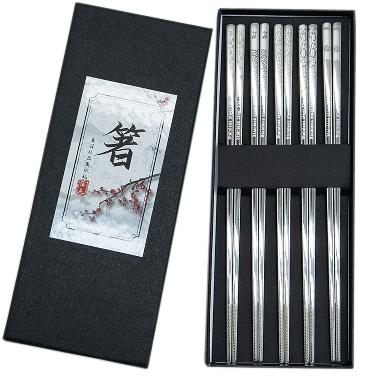 Sufe Metal Chopsticks, Reusable, Dishwasher Safe, Silver Stainless Steel, Square, 9 1/4 Inch, 5 Pairs Gift Set