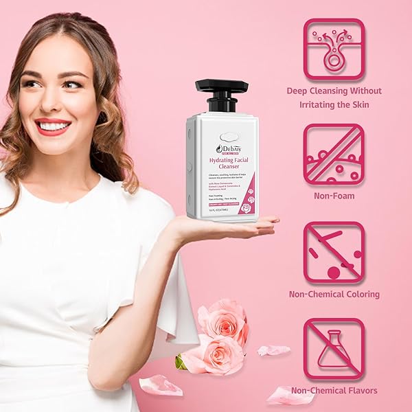 ROSE NON FOAMING HYDRATING FACIAL CLEANSER WITH CERAMIDE FACE WASH FOR FAMILY, MAKEUP REMOVER FOR WOMEN GENTLE HYDRATION & PURIFICATION (16 FL OZ)
