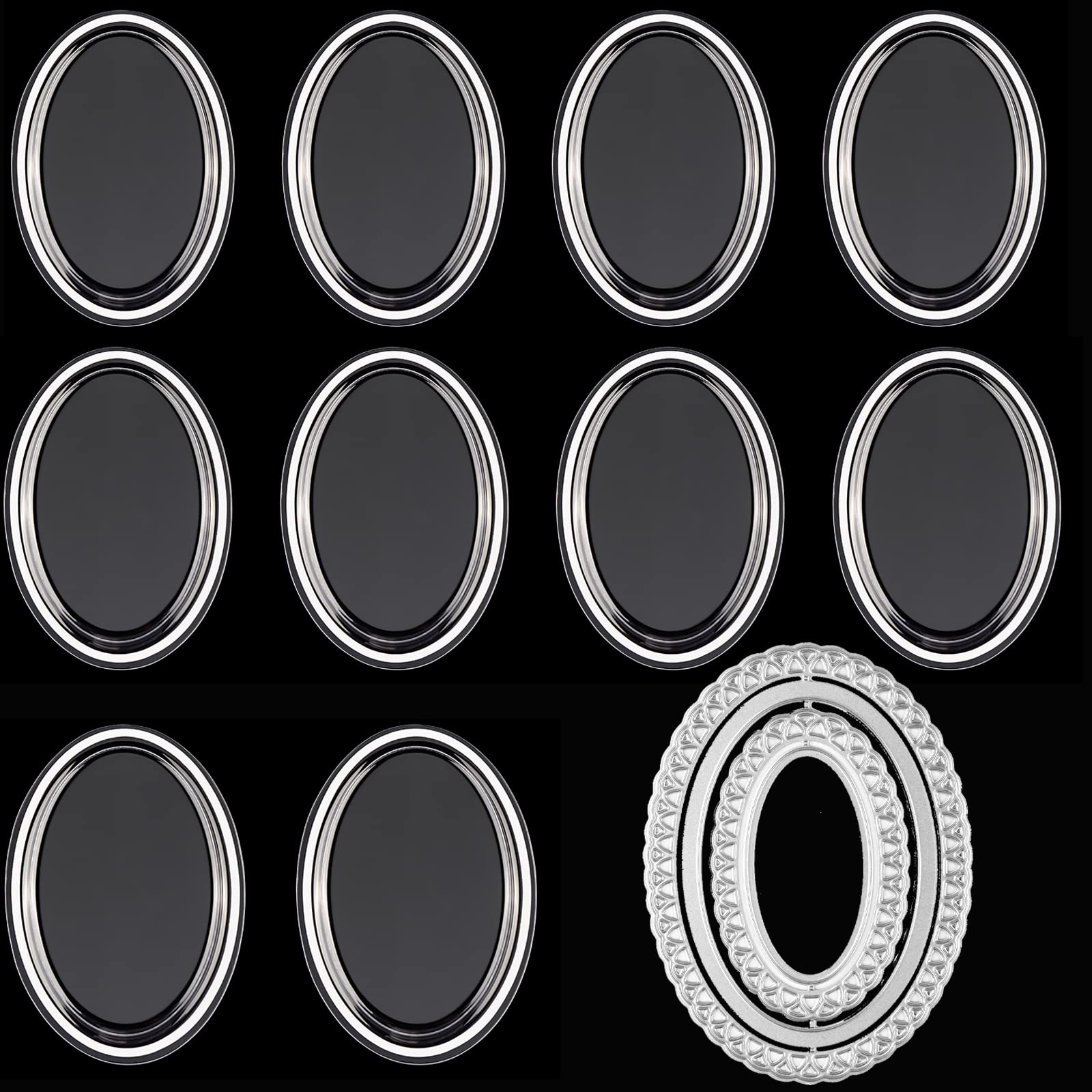 10PCS Clear Plastic Oval Shaker Domes and 4PCS Oval Frame Dies for Card Making, Plastic Clear Puffy Shaker Covers and Metal Stencil Die Cuts Punch Template