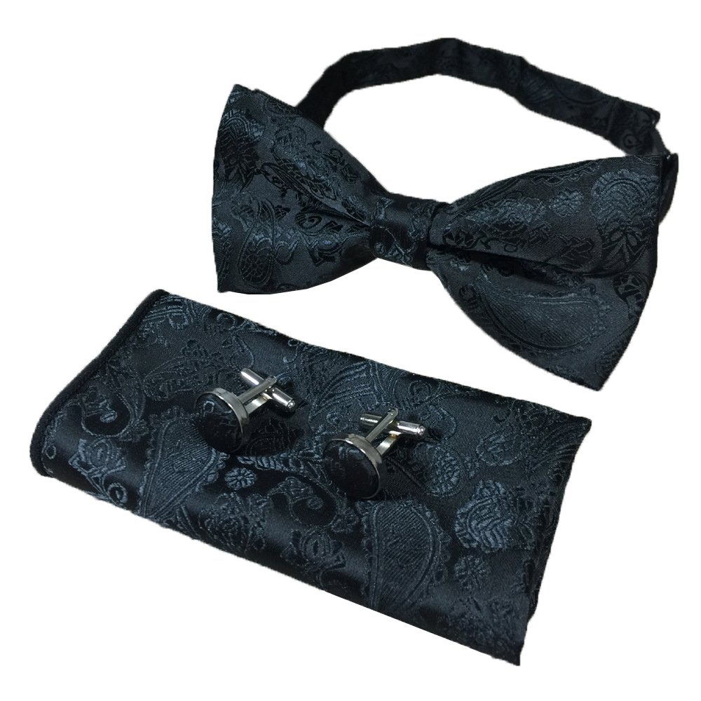ElfevesMen Big Boy Paisley Bow Tie Handkerchief Set Bowties Cufflinks Pocket Square Set