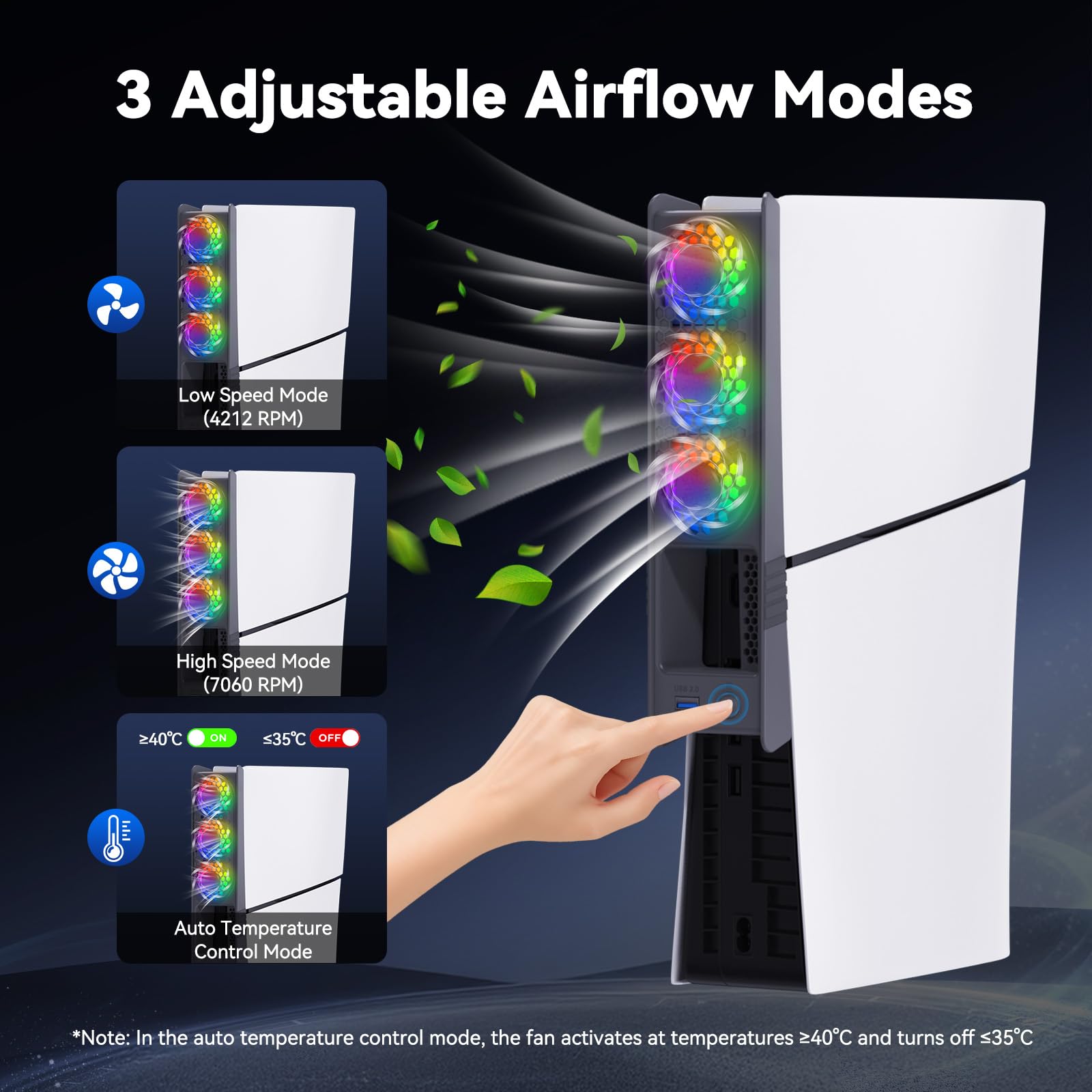 ELUTENG Kühlventilator für PS5 Slim / PS5 Pro, Leises Lüfter mit RGB-Licht & Automatischer Temperaturgesteuerte Geschwindigkeit, Lüfter Kühler mit USB 3.0 Port für Playstation 5 Pro / Slim Disc & Dig 3