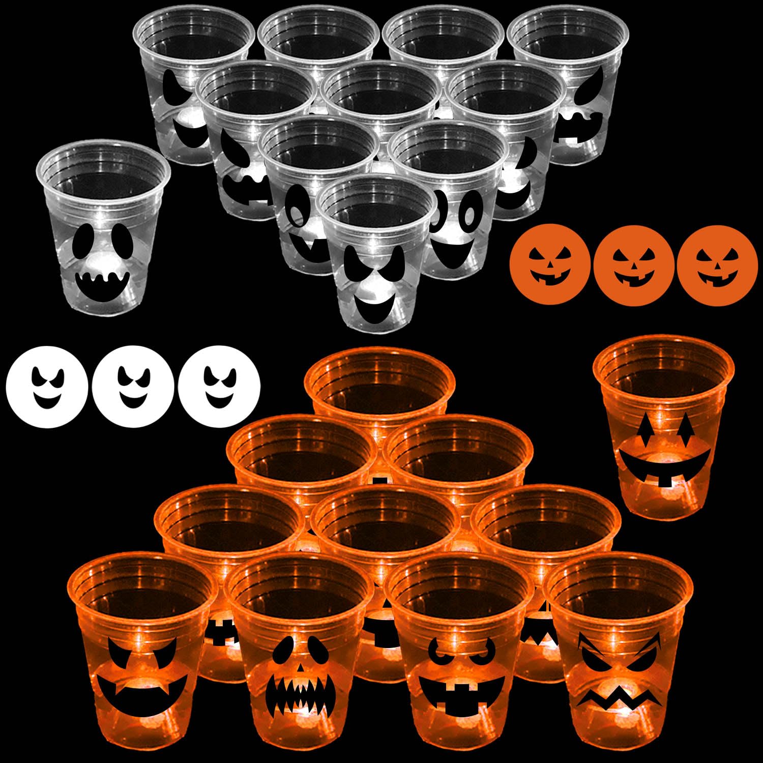 Photo 1 of Ahuimeius 22 Pcs Halloween Glow Pumpkin Party Game Set,16 oz Light Up Pong Cups for Halloween Ghost Theme Party with 6 Halloween Theme Balls, Halloween House Parties Holidays Game(Orange&White)