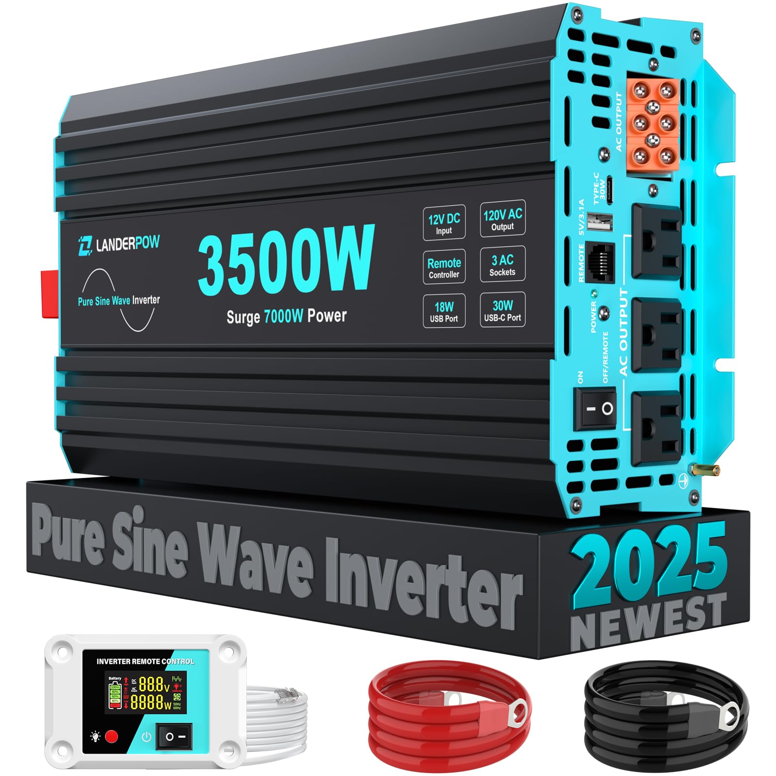 Photo 1 of LANDERPOW Pure Sine Wave 3500W Power Inverter 12V DC to 120V AC for RV, Truck, Home, Off-Grid, Solar, Inverter with 3 AC Outlet, 30W USB-C, 5V 3.1A USB, Hardwire Port, 15FT Remote Control, Surge 7000W