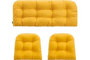 YOOZEKU Outdoor/Indoor All Weather Tufted Wicker Chair Cushions of 3 Pieces, 1 Loveseat and 2 U-Shape Waterproof Cushions for Patio Furniture,Wicker Loveseat,Bench-Yellow