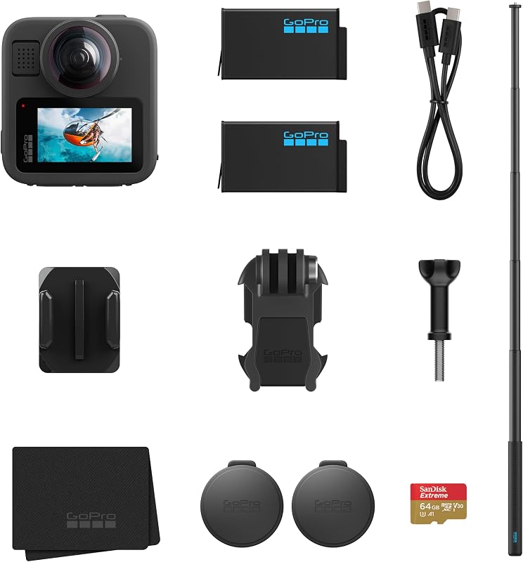 MAX2 + Zubehörpaket – Enthält eine 1,2 m Lange Verlängerungsstange, 2 Enduro-Akkus mit 1960 mAh und eine 64 GB SanDisk microSD-Karte