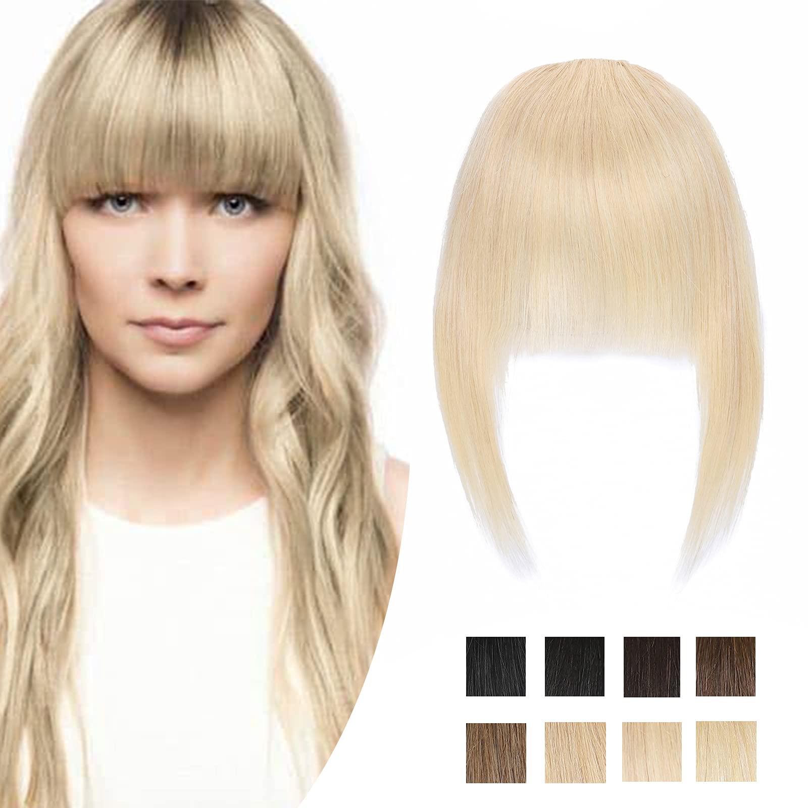 SEGO Clip in Fringe Human Hair Extensions French Style Thick Bangs [#60 Platinum Blonde] One Piece Real Remy Hairpieces for Women Straight Clip-on Fringe (14g)