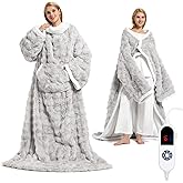 Wearable Heated Blanket, Luxury Faux Fur & Sherpa Electric Throw Blanket with Sleeves, Foot Pockets, Heated Robe for Women Men Gift, 3 Heat Levels & 12H Timer, ETL & FCC Certified, 52"x 72" Light Grey