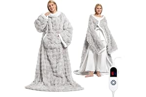 FAYKONCEN Wearable Heated Blanket, Luxury Faux Fur & Sherpa Electric Throw Blanket with Sleeves, Foot Pockets, Heated Robe for Women Men Gift, 3 Heat Levels & 12H Timer, ETL & FCC Certified, 52"x 72" Light Grey