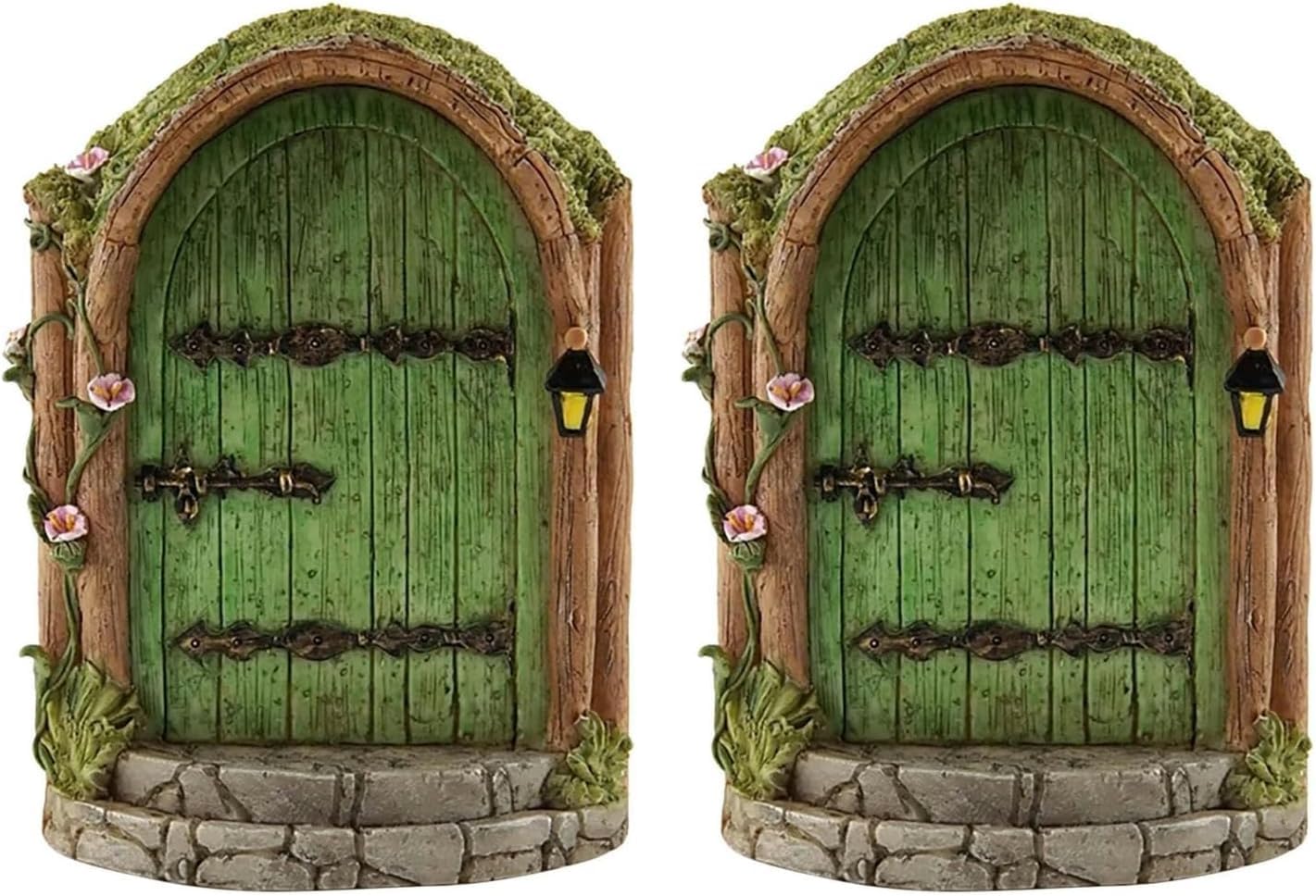Enyolidimk 2Pcs Green Fairy Door Wooden Miniature Fairy Garden Doors Outdoor Mini Gnome House Accessories for Tree Trunk Ornaments Garden Miniatures, Sculptures and Statues, Outdoor Statues