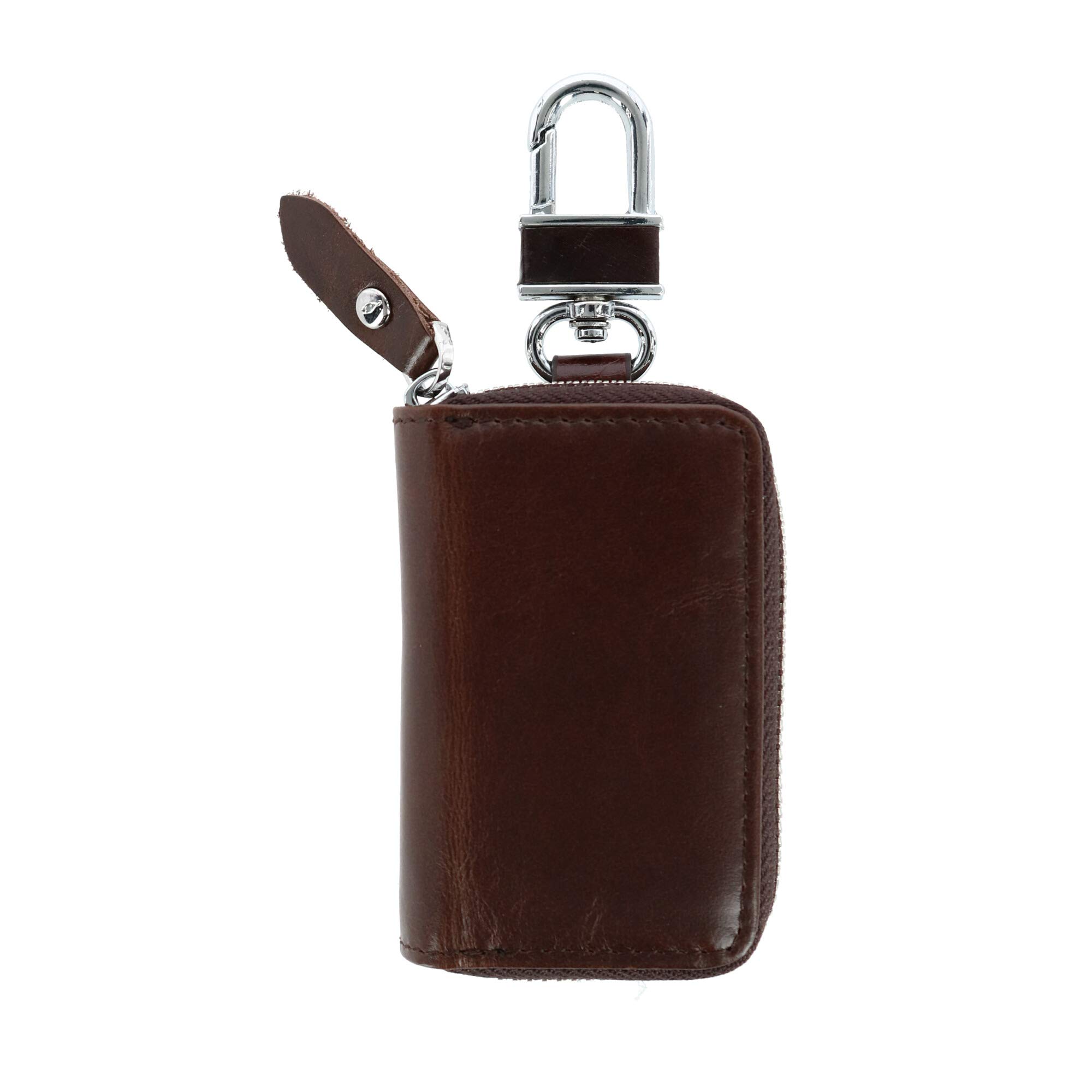 CTM Leather Zip-Around Key Fob Holder on Key Ring, Brown
