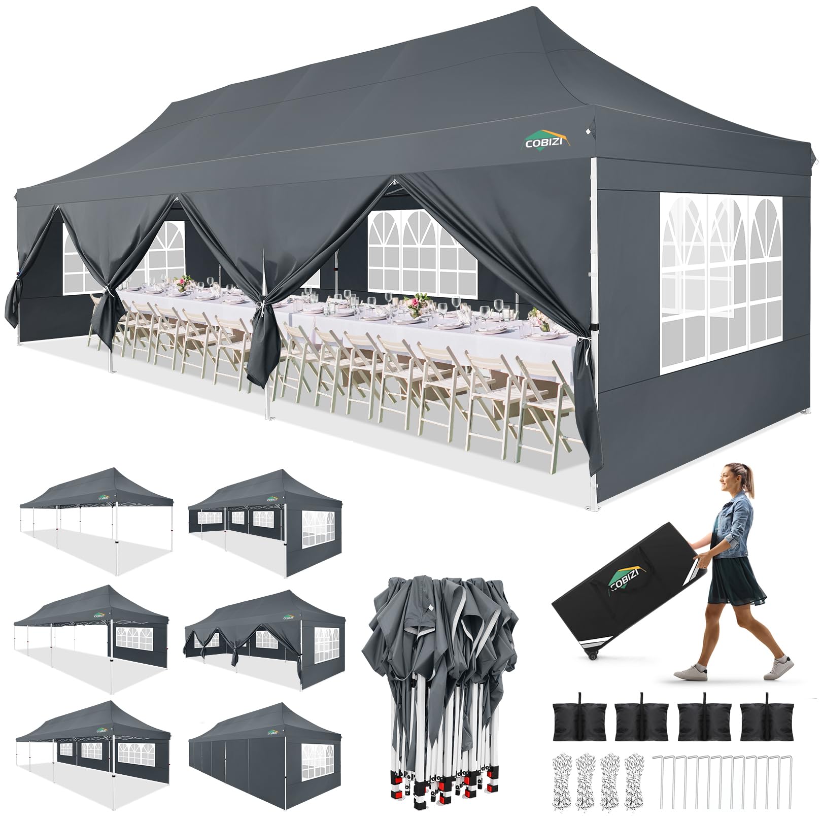 Photo 1 of **MINOR USE WEAR**COBIZI 10x30 Pop up Canopy with 8 Removable Sidewalls, Outdoor Canopy Waterproof Commercial Tents for Parties Wedding, with Upgrade Raised Top Cover and Roller Bag, with 4 Sandbags(Gray)