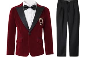 LOLANTA Boys Velvet Suit 4 Piece Formal Tuxedo Kids Slim Fit Blazer Dress Shirt Pants Outfit with Bow Tie