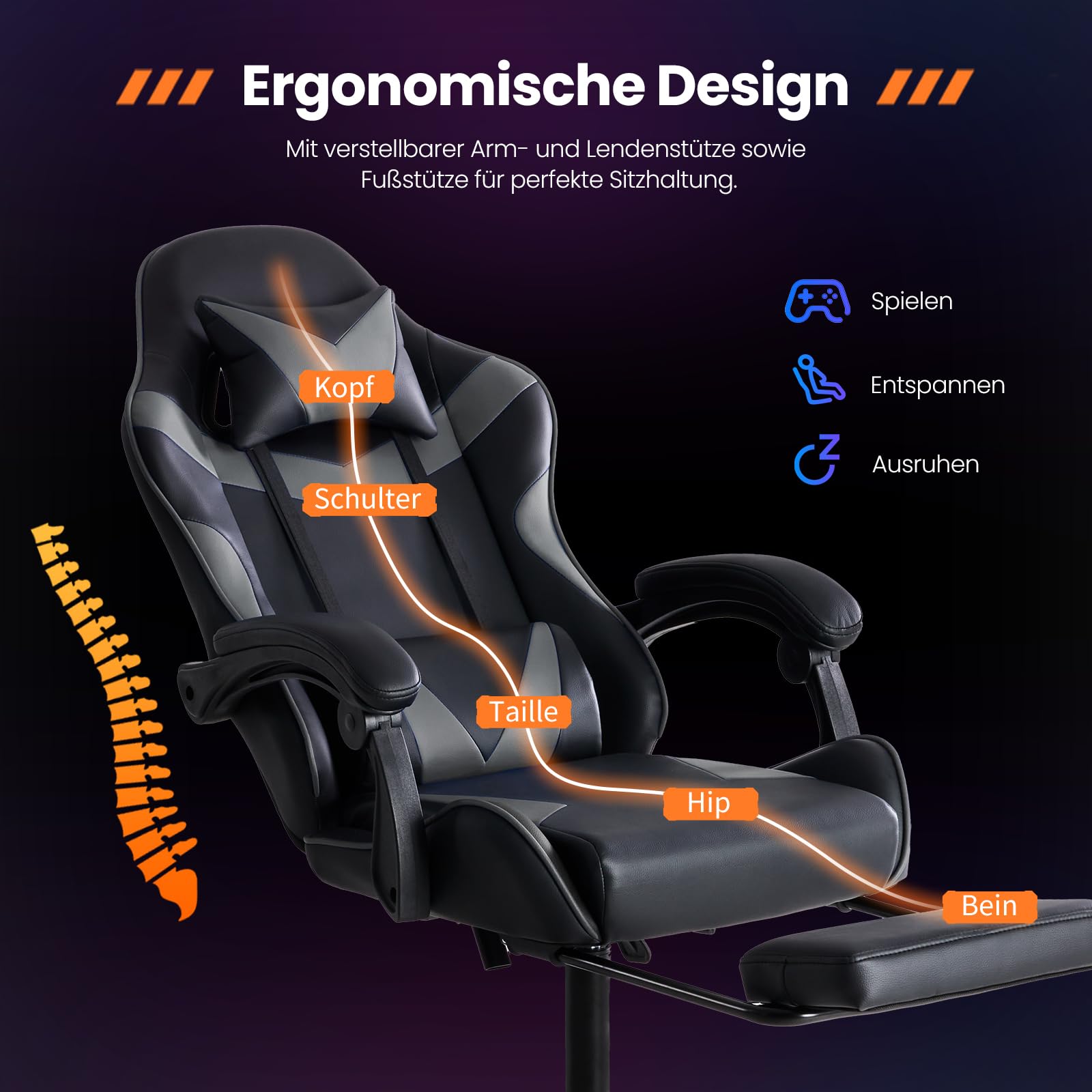 Sweetcrispy Gaming Stuhl, Gaming Chair mit Fußstütze Kopfstütze Lendenwirbelstütze, Ergonomischer PC Stuhl, Höhenverstellbarer Bürostuhl Computerstuhl,Drehbarer Schreibtischstuhl, Modernes Grau 3