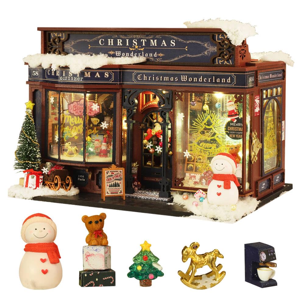 DIY Miniature Dollhouse Kit,Christmas Dolls House with Furniture Led Light Puzzle Model, 1:24 Scale Gift Shop Creative Room For Kid Teen Birthday Present