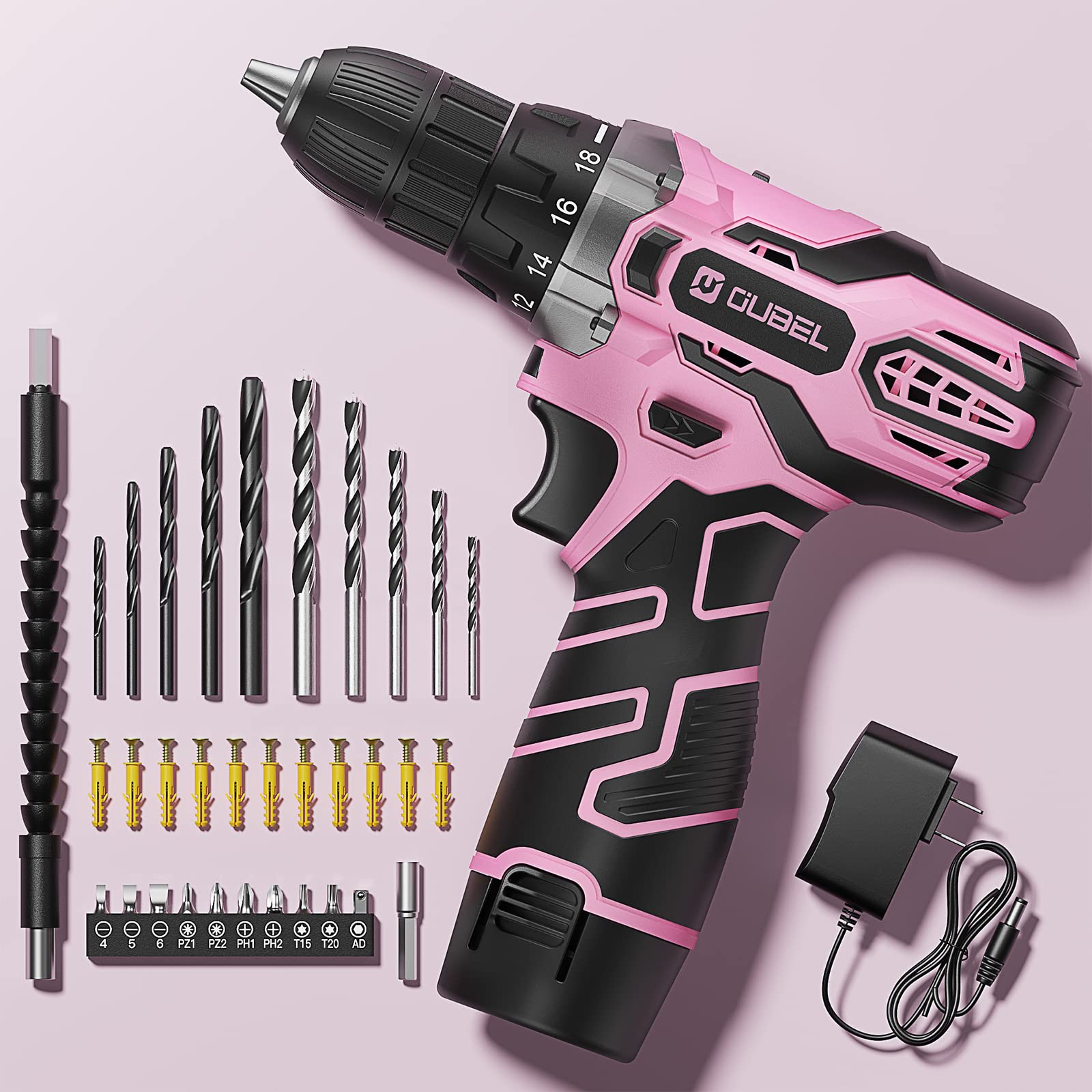 Drill Set, OUBEL 12V Cordless Drill Pink with 42 Acessories, Pink Power Drill Cordless with 3/8