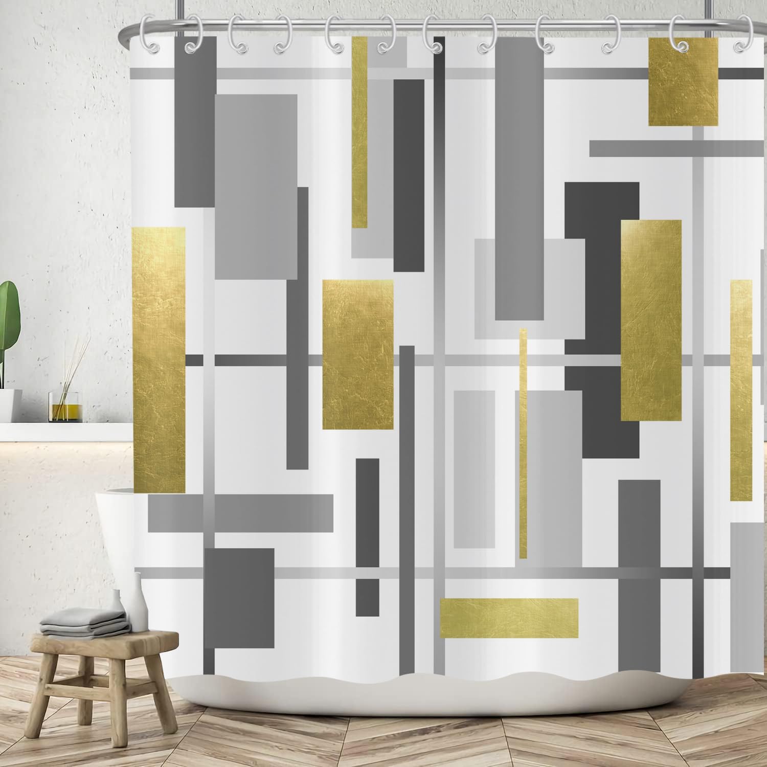 ASDCXZ Geometry Shower Curtain 180x180 cm, Modern Black Gold Grey Irregular Geometry Pattern White Bath Washable Shower Curtains Polyester Textile Waterproof Bath Curtain for Bathtub with 12 Hooks — image 1