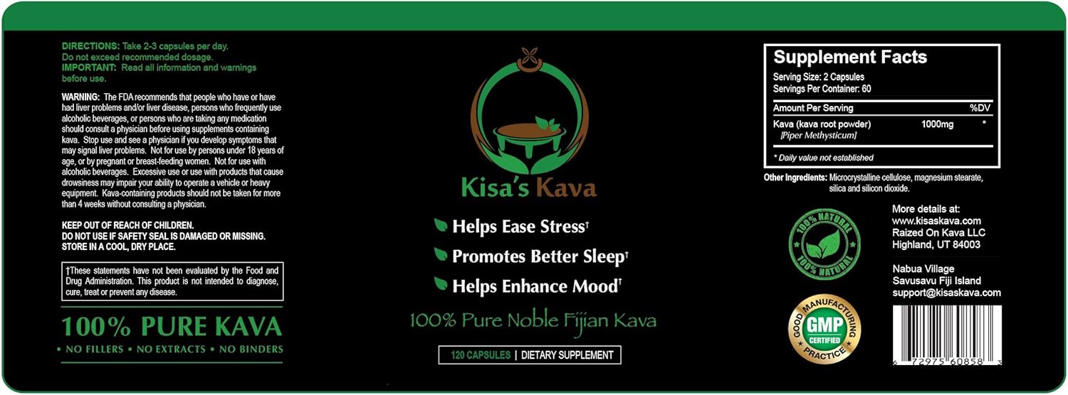 Kisa's Kava - Pure Kava Capsules - 100% Kava - No Fillers - No Extracts - All Natural Stress Relief - Helps Body Relax to Improve Sleep - 60 Day Supply - 120 Capsules.: Health & Personal Care