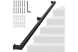 KWDOBUUS 5FT Square Tube Handrail for Indoor Stair,Matte Black Industrial Metal Stair Rail,500LBS Load Capcity Wall Mount Stair Hand Rail for Child,Seniors,Pregnant,Non-Slip Outdoor Iron Stair Rail,2 Section