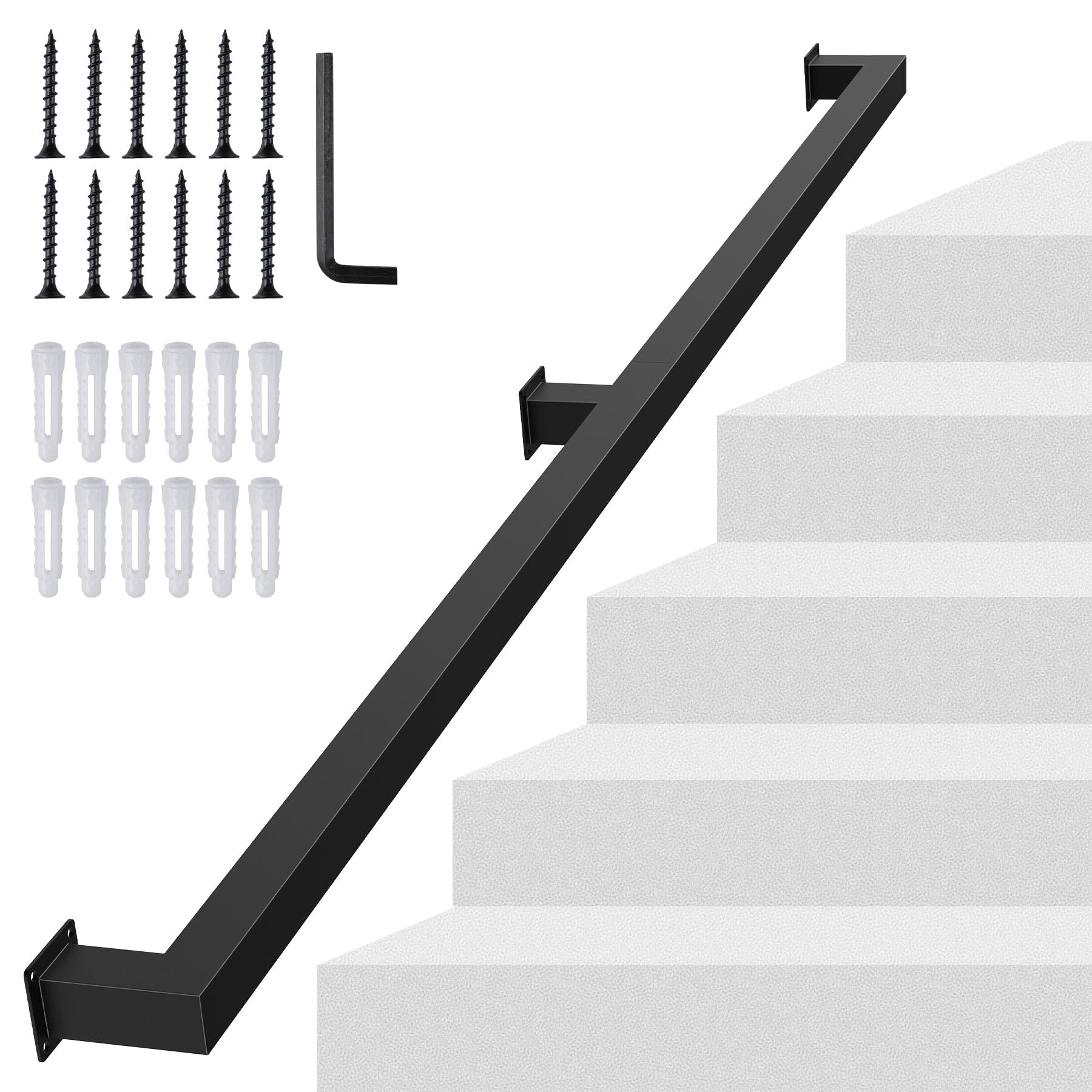 5FT/150CM Square Tube Handrail,Wall Mount Staircase Handrail Modern Pipe Stair Industrial Stair Rail for Indoor Outdoor Steps,440lbs Load,Carbon Steel Non-Slip Grab Handle for Loft Porch 2Sections