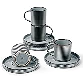 famiware Star Espresso Cups and Saucers Set of 4, [ Mini ] 3 oz Ceramic Small Coffee Mug with Handle, Ribbed Stoneware Demitasse Cup for Tea, Latte - Microwave & Dishwasher Safe - Smoky Blue