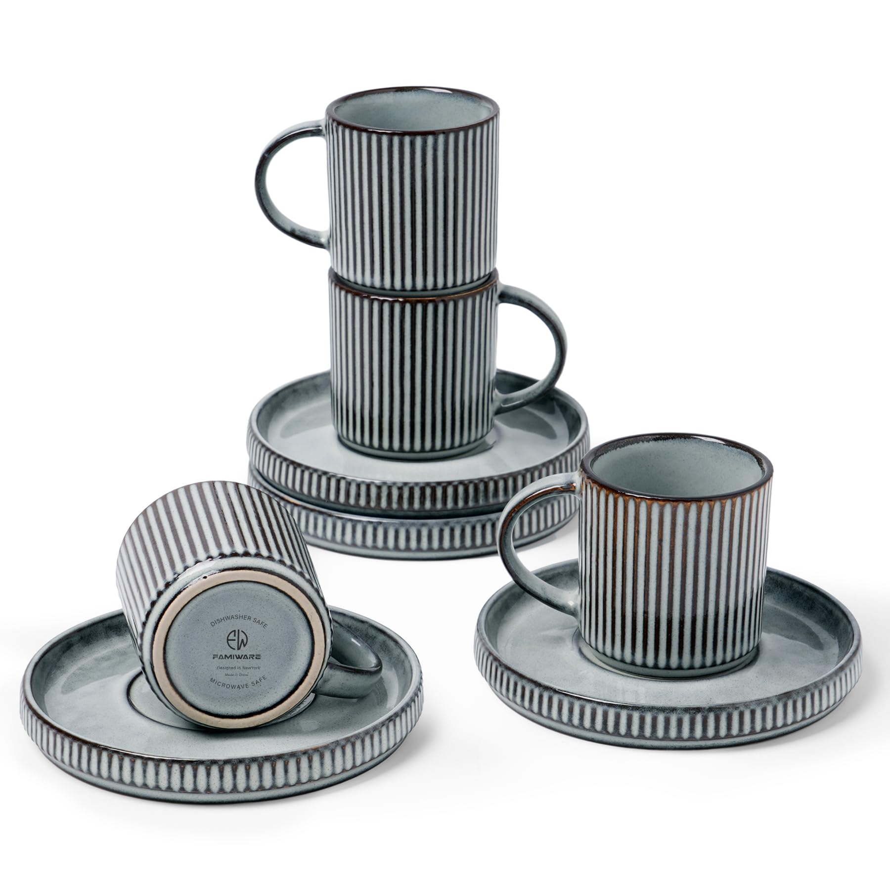 Photo 1 of famiware Star Espresso Cups and Saucers Set of 4, [ Mini ] 3 oz Ceramic Small Coffee Mug with Handle, Ribbed Stoneware Demitasse Cup for Tea, Latte - Microwave & Dishwasher Safe - Smoky Blue