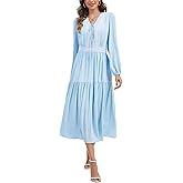 Kormei Womens Boho Long Sleeve Maxi Dress V Neck Empire Waist Fall Wedding Guest Dresses Casual with Pockets
