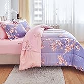 AIKASY Pink and Light Purple Queen Comforter Set with Sheets,Bed in a Bag 7-Pieces,Branches and Flowers Printing Design,Ultra Soft Down Alternative All Season Bedding Set(Queen,Blossom Stem)