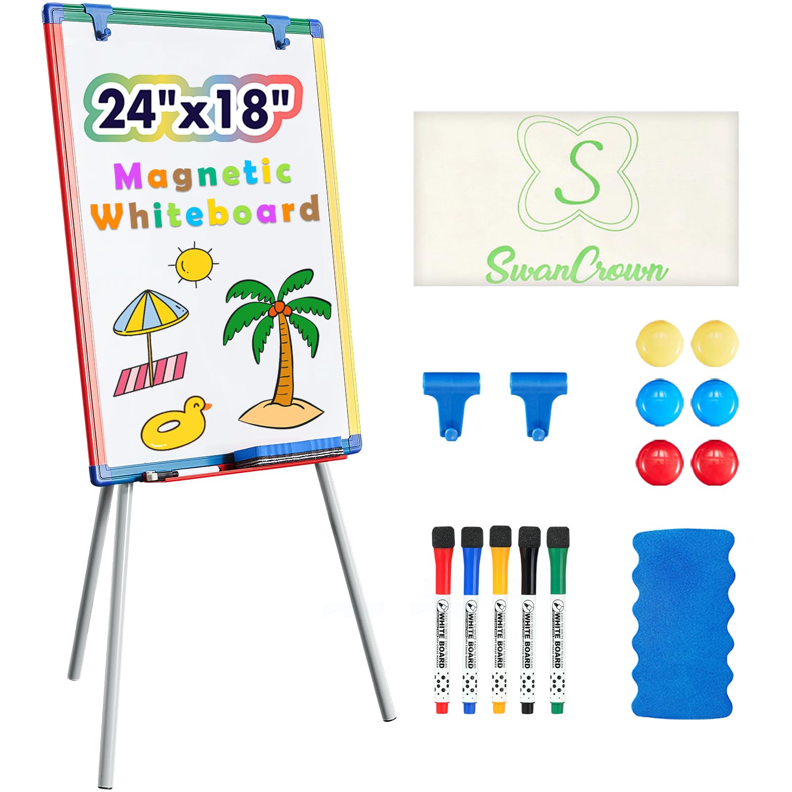 SWANCROWN Portable Whiteboard with Stand 60x45cm, Teaching Easel for Classroom Home School, Colorful Aluminum Frame, Foldable&Height Adjustable