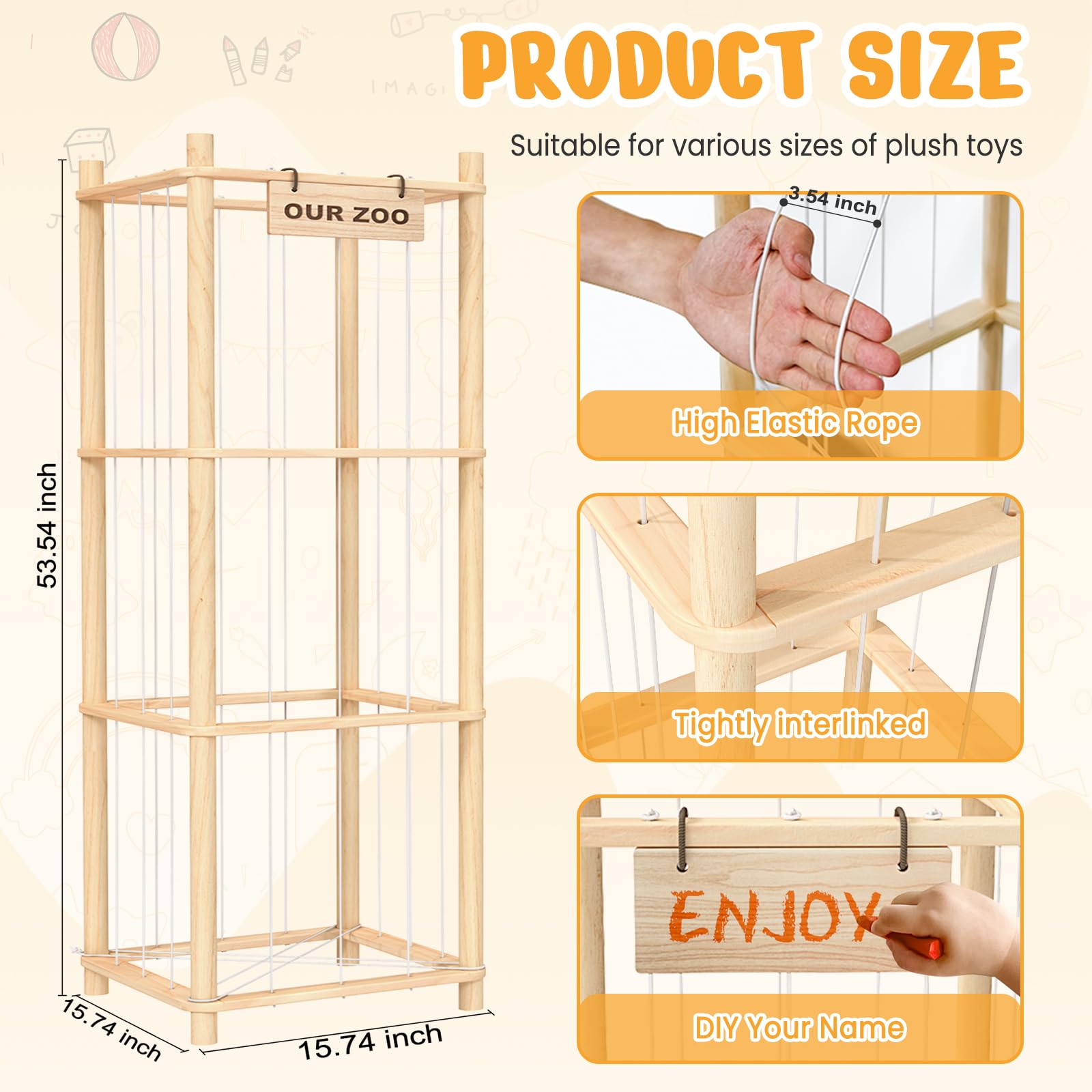 Stuffed Animal Storage & Organizer, Wooden Cute Zoo Toy Holder for Toddler Rooms, Playrooms & Bedrooms