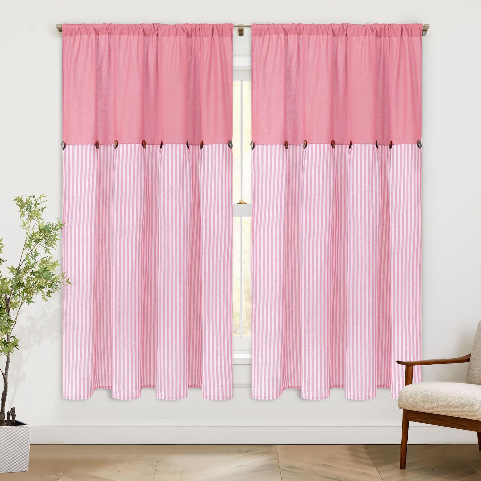 ASPMIZ Farmhouse Living Room Curtains Boho, Country Linen Curtains with Rustic Buttons, Rod Pocket & Back Tab Pink Striped Curtain for Girls Bedroom Window Curtain Home Decor, 52 x 63 Inch, 2 Panels Image