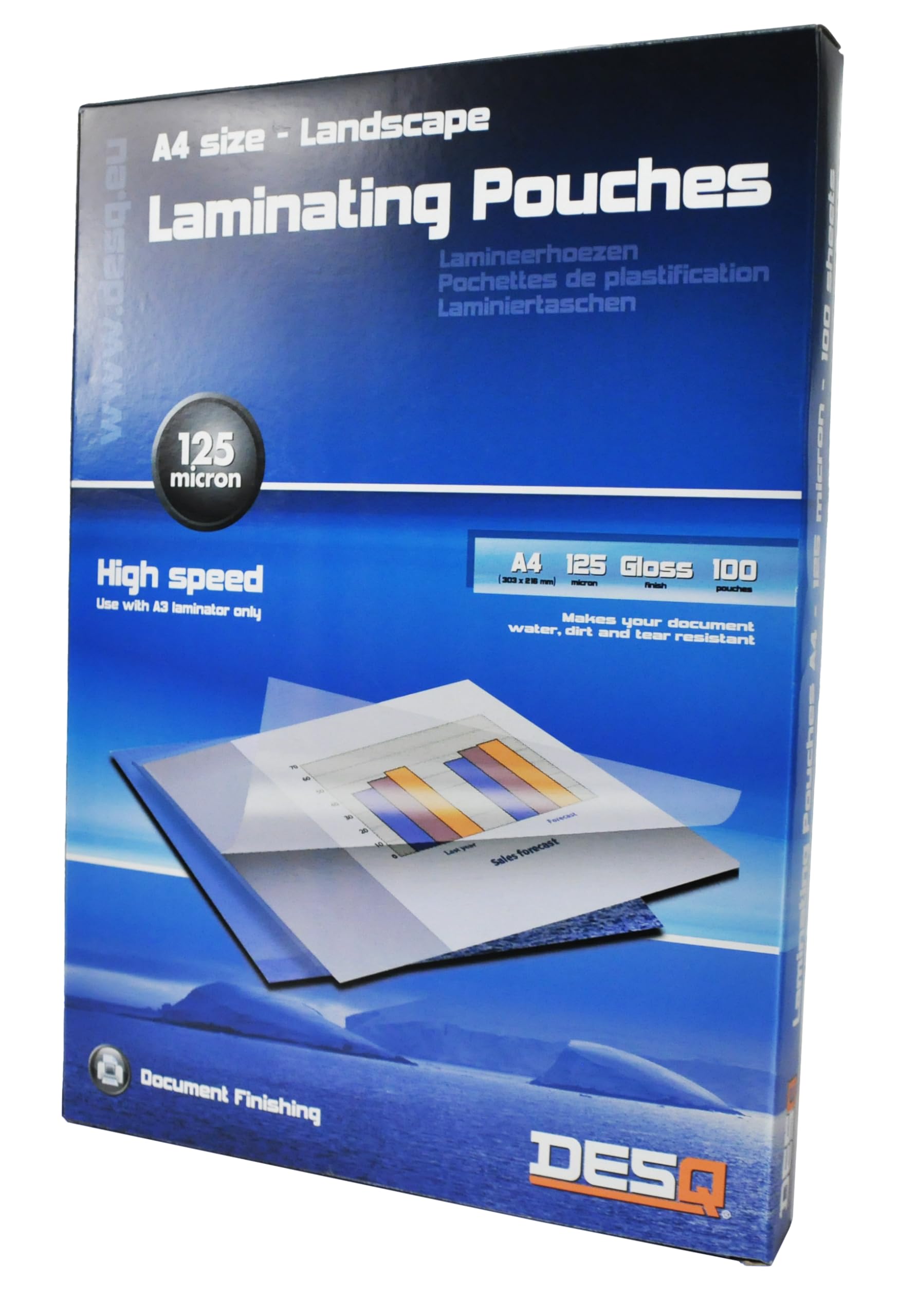 DESQ® A4 125 Micron Gloss Laminating Pouches with Rounded Corners Laminating Pouches Landscape Pack of 100 216 x 303mm Premium