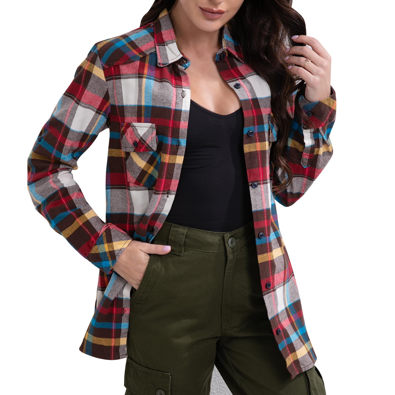 Match Womens Button Down Flannel Plaid Shirts roll