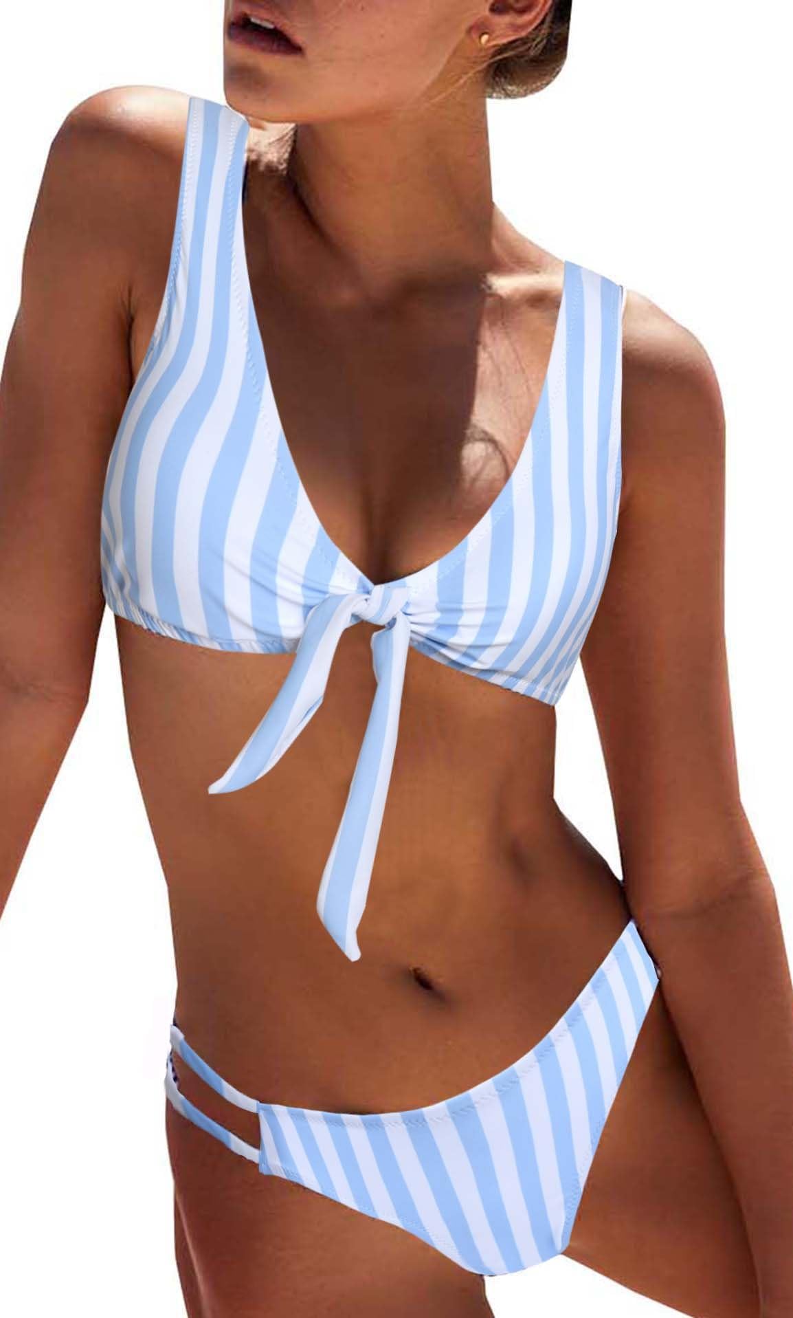 Women's Sexy 2 Piece Swimsuits Cheeky Tie Bikini Sets High Cut Striped Bathing Suit